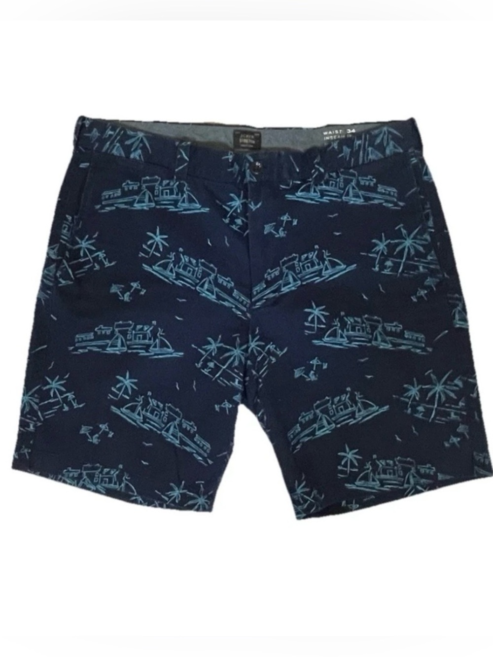 NEW J.Crew Men's Shorts Sz 34-Navy Sailboat Palm Print Stretch ChinoShorts NWOT
